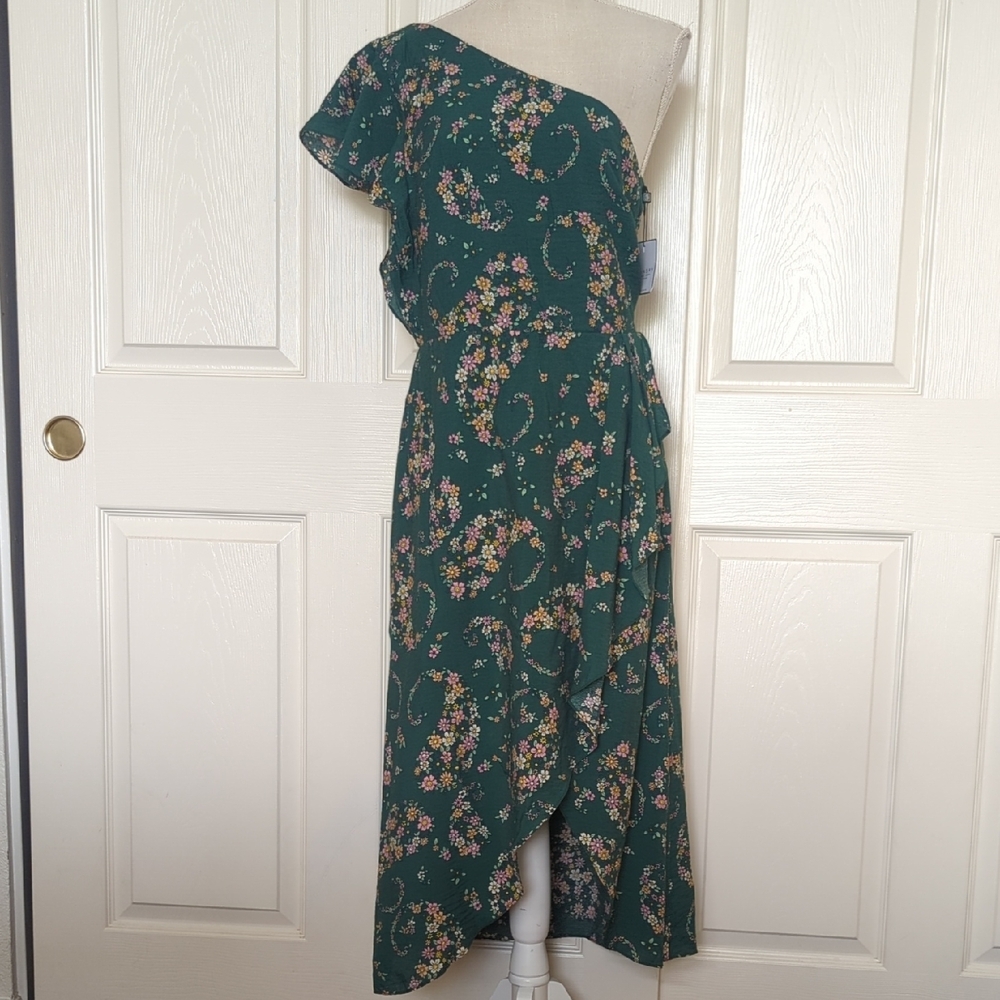 Laundry By Shelli Segal Dark Green One-Shoulder Floral Wrap Dress